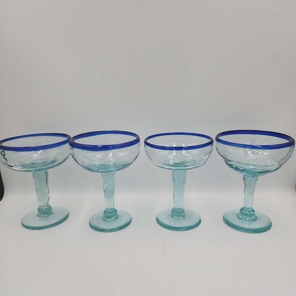 4 Mexican Hand Blown Margarita Glasses Set Cobalt Blue Rim Base Clear Bowl Glass